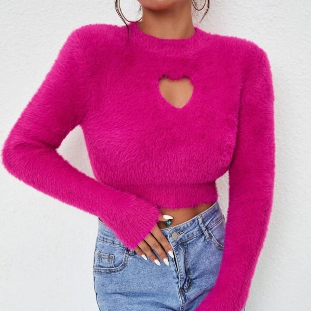 Comfy Heart Cut Out soft Fuzzy hot pink knit Sweater top - Picture 4 of 6